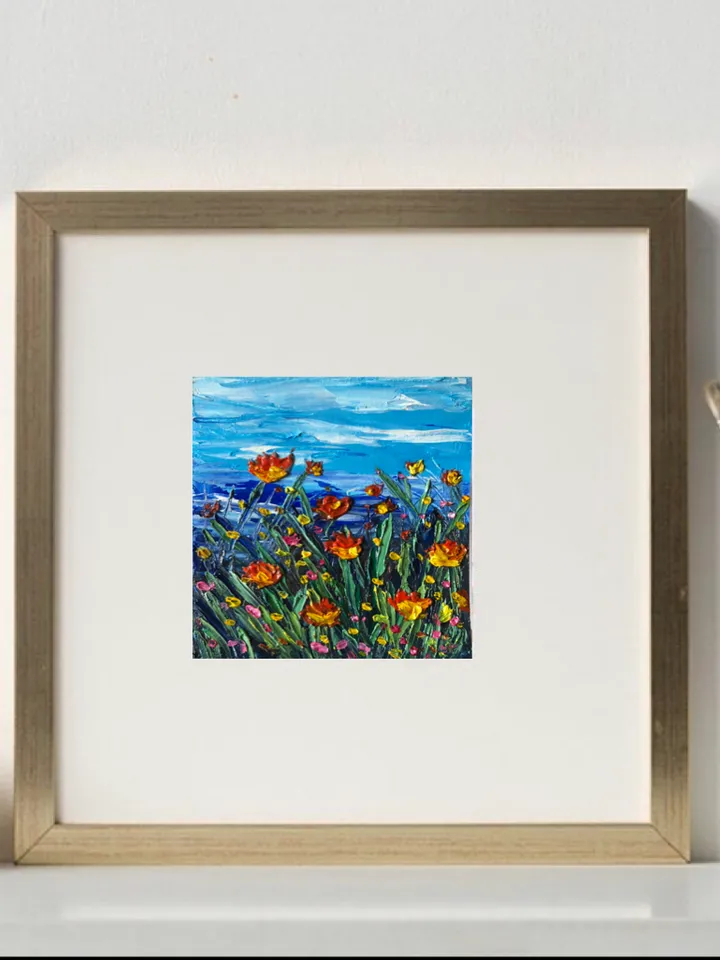 Poppy field small painting impasto wall art Original oil painting 4x4 inches