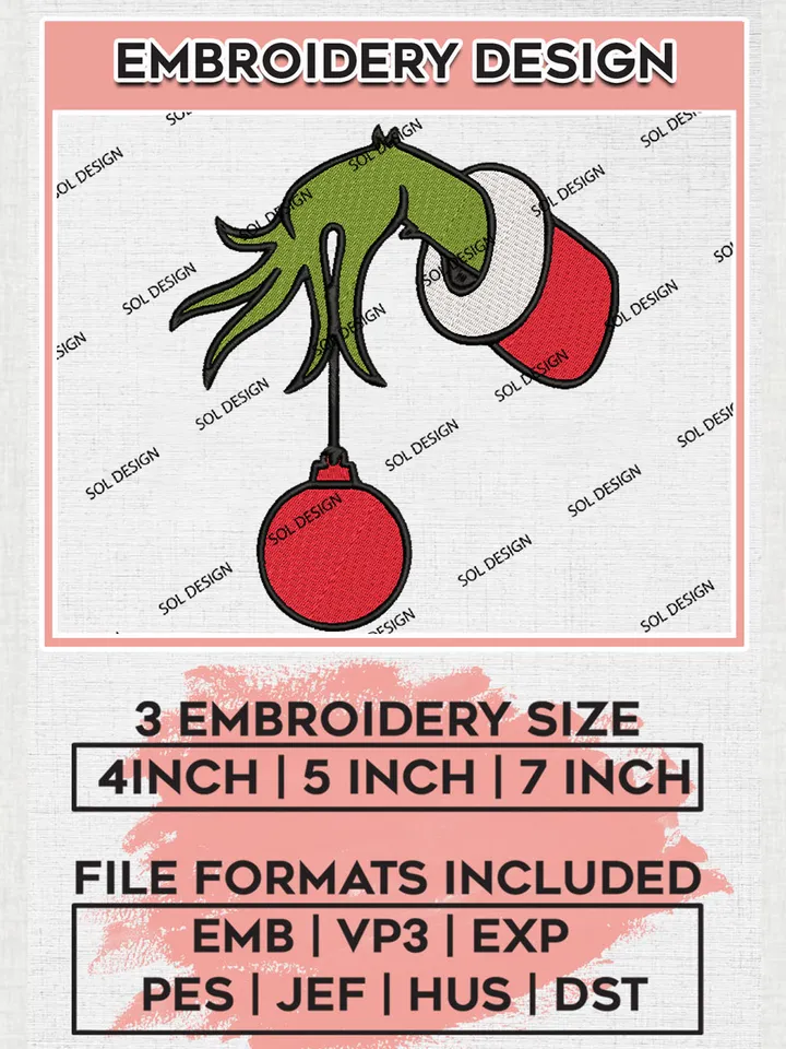 Grinch Hand Christmas Embroidery Design Files, Grinch Stole Machine Embroidery, Merry Grinchmas Hand Embroidery, 3 sizes, Cute Christmas Machine embroidery designs, Digital Download