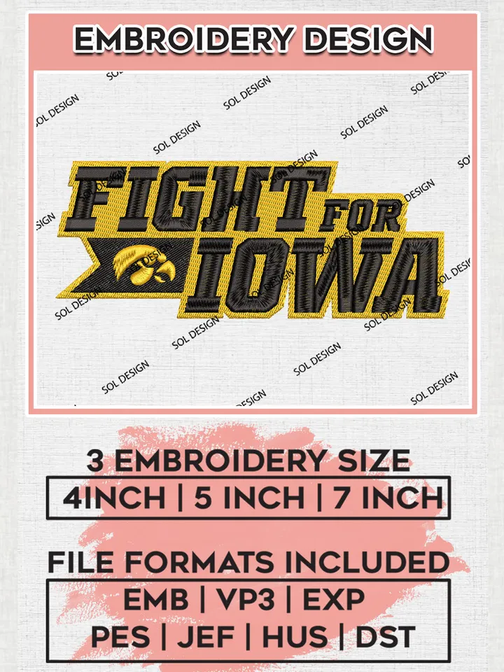 Fight For Iowa College Team Logo Embroidery Design Files, NCAA Iowa Hawkeyes Machine Embroidery, NCAA Teams, 3 sizes, NCAA Machine embroidery designs, Digital Download