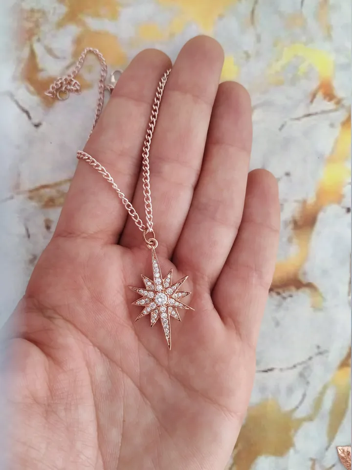 Star shaped Wedding Earrings, Rose Gold Bridal Necklace, Rose Gold Wedding Jewelry Set, Celestial Wedding Earrings , Boho Bridal Earrings