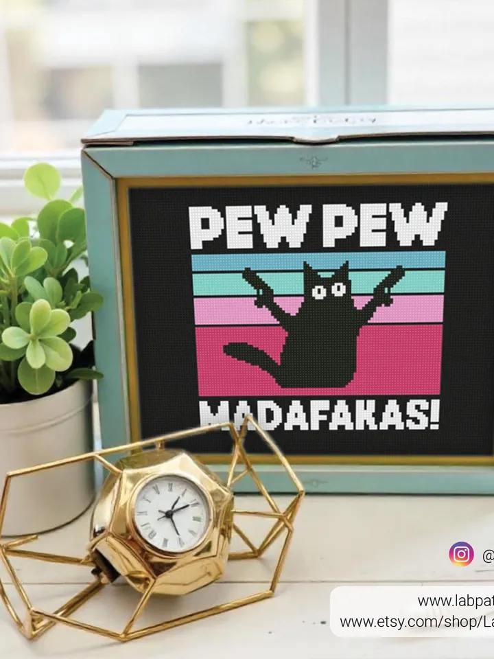 Pew Pew Madafakas meme Cross stitch pattern, Cat, Kitty, animals, beginner counted, modern chart, gift DIY, embroidery, instant PDF, digital