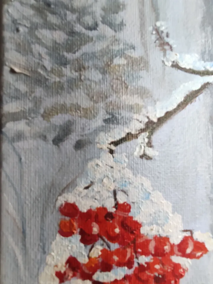 Bullfinches in winter oil on canvas 40*30 cm snow mountain ash birds