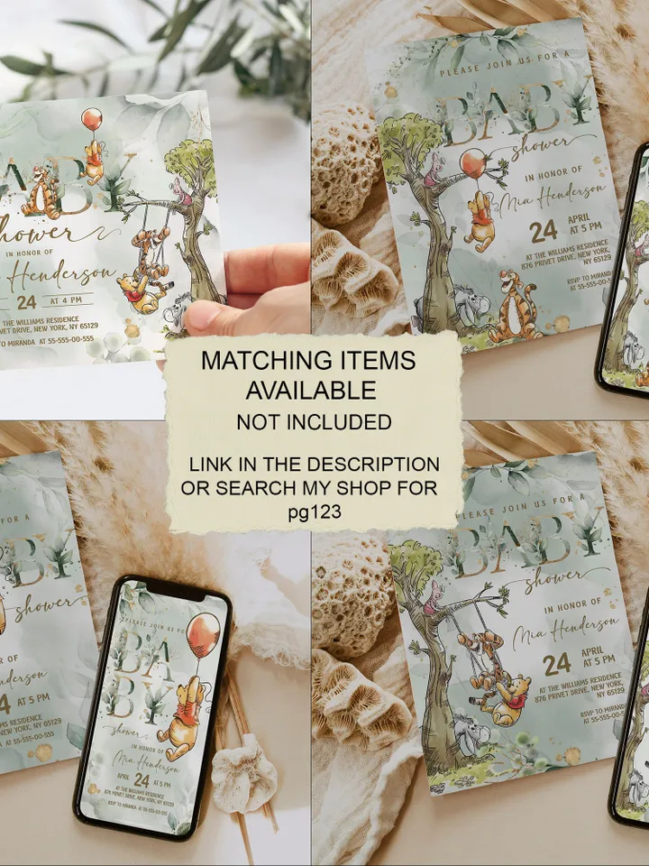 Classic Winnie Pooh Baby Shower Invitation; Neutral Baby Shower Template; Wizard Baby Shower Invite; Honey Bear Invite; Winnie Pooh pg123