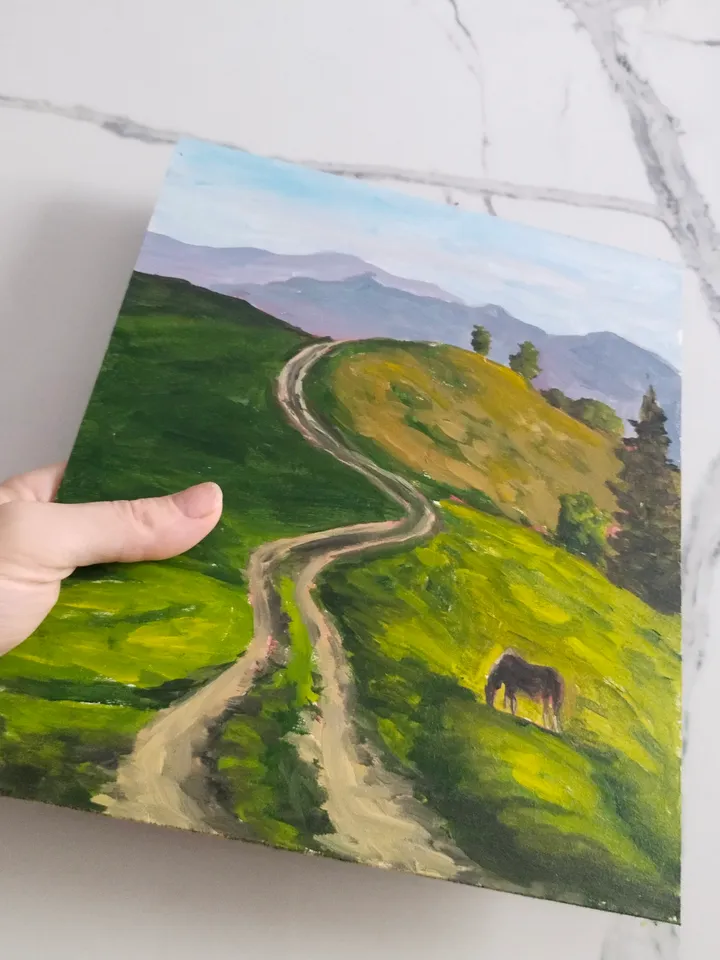 Landscape oil painting Green hills with horse Wallart on panel