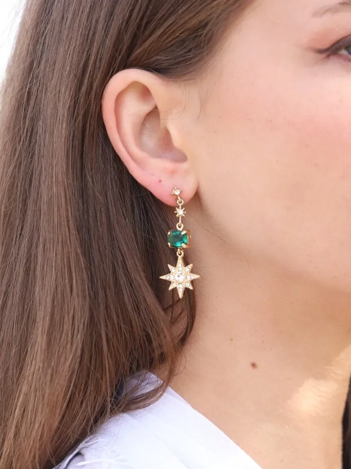 Emerald Gold Star Wedding Earrings, Moon Celestial Bridal Earrings, Boho Wedding Earrings, Statement Earrings, Wedding Jewelry