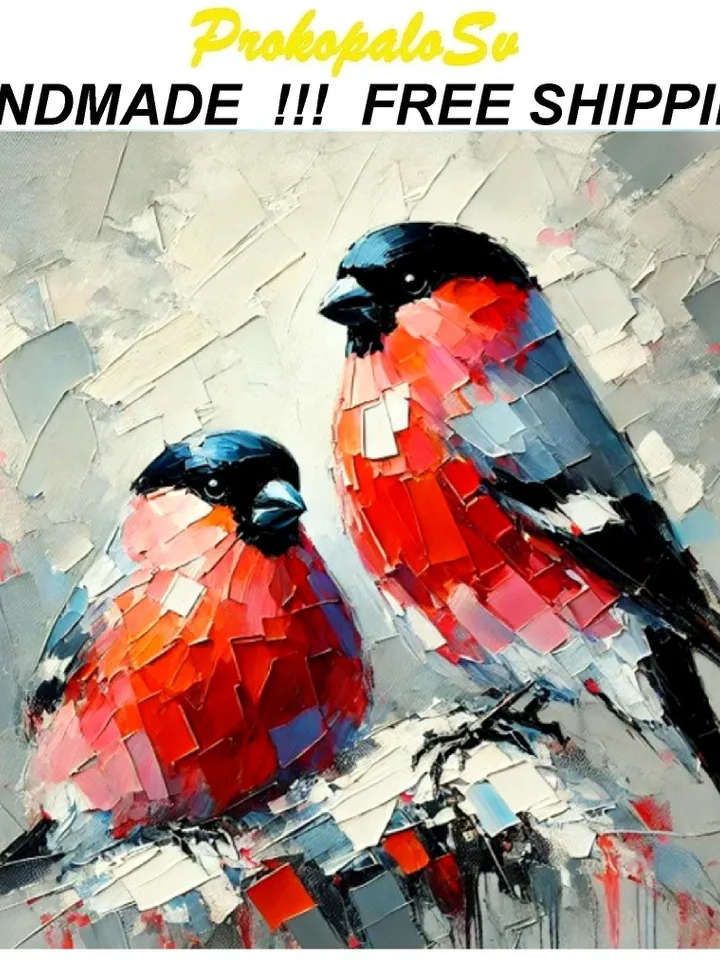 Bullfinches Painting On Canvas Birds Original Art Gifts Animal Artwork Bullfinch Impasto Oil Wall Art Personalized Gifts by ArtProkopaloSv
