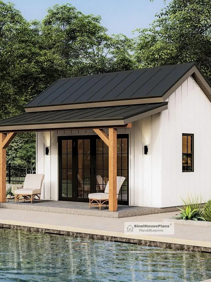 Pool House Plans,16'x16' Pool Shed with Porch Construction blueprints