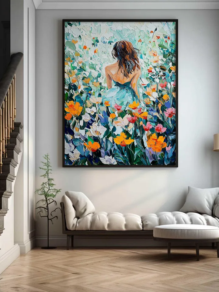 Large Impasto Woman in Flower Field Oil Painting, Colorful Garden Landscape, Textured 3D Original Art, Romantic Wall Art Decor,Gift for Her