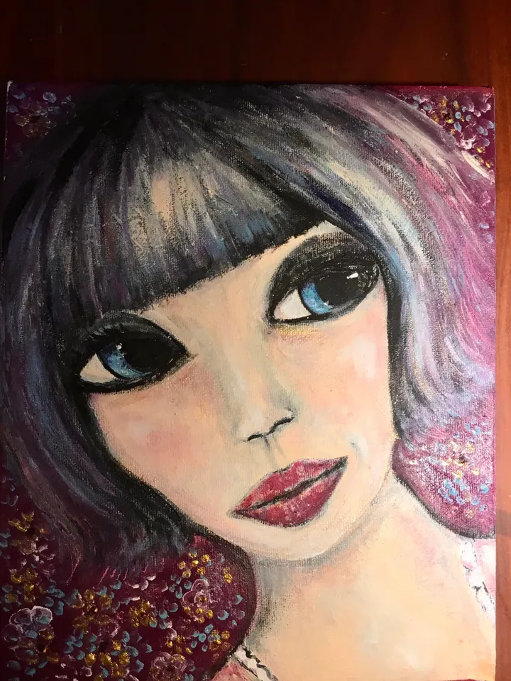 Miko-doll painting on 3 d canvas,original acrylic painting on canvas,Japanese doll painting, handmade painting home decoration,wall art