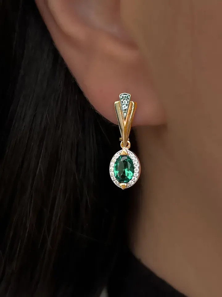 Earrings silver 925, gold plated with emerald and cubic zirconia