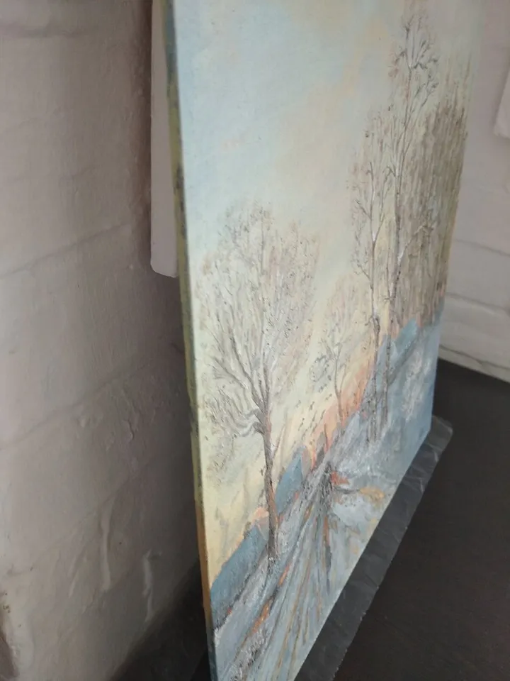 Landscape Oil Painting Last Snow, Thaw, Sunset Handmade Wall Art Reproduction 20x16 Inches