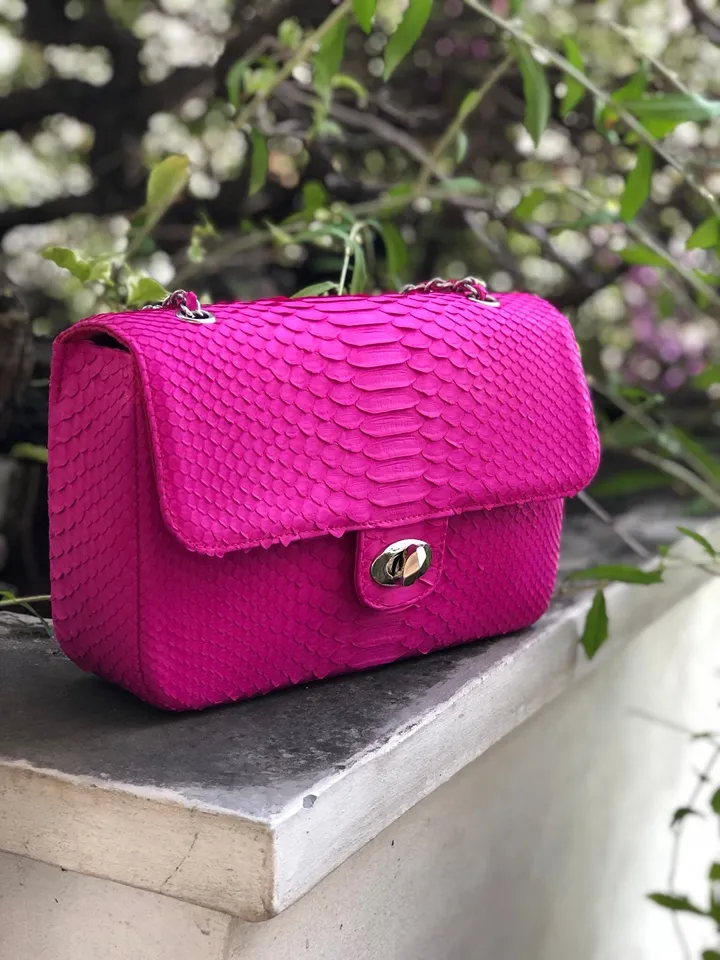Genuine python skin maxi crossbody bag fuchia colour big, summer big chain crossbody, elegant classy crossbody bag genuine leather summer