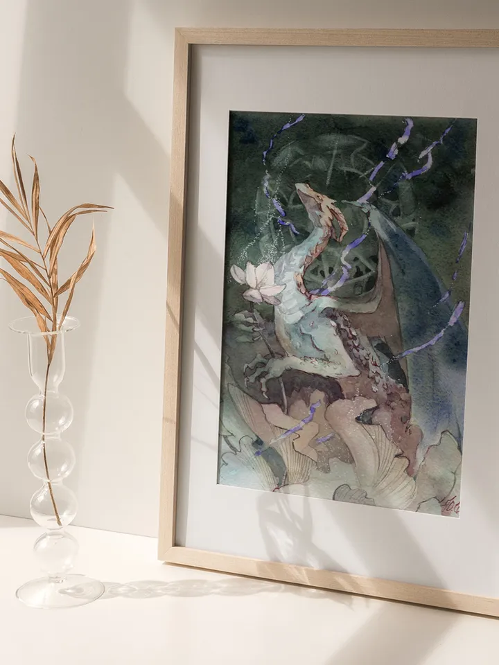 Lotus Dragon painting Original fantasy art by Yulia Evsyukova