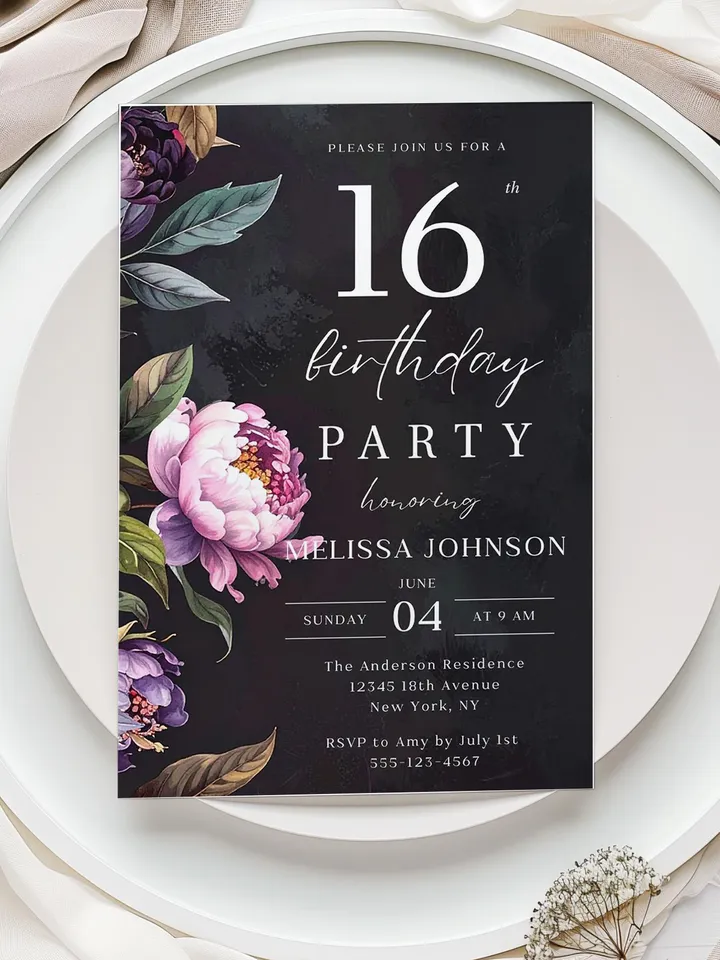 16th Birthday Invitation for girl or boy – Moody Burgundy & Blush Peony Floral Invitation Elegant Dark Birthday Party Invite Canva Template