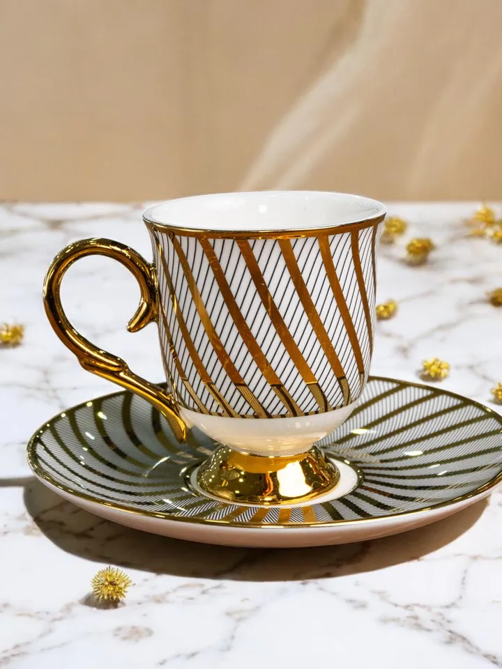 14K Genuine Gold Powder Porcelain Tea Cups And Saucers | Tea Cups Saucers Set | Gold Porcelain Set | Elegant Teaware | Gift For Tea Lovers