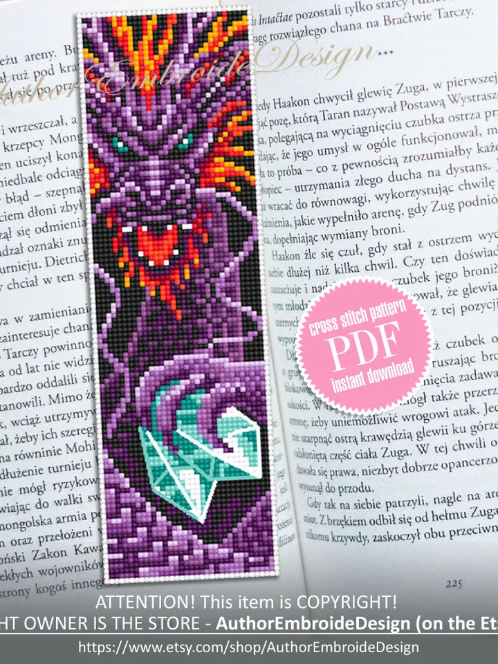 Dragon bookmark cross stitch pattern PDF download Fantasy purple dragon cross stitch chart, Chinese dragon pattern, Chinese New Year #B274