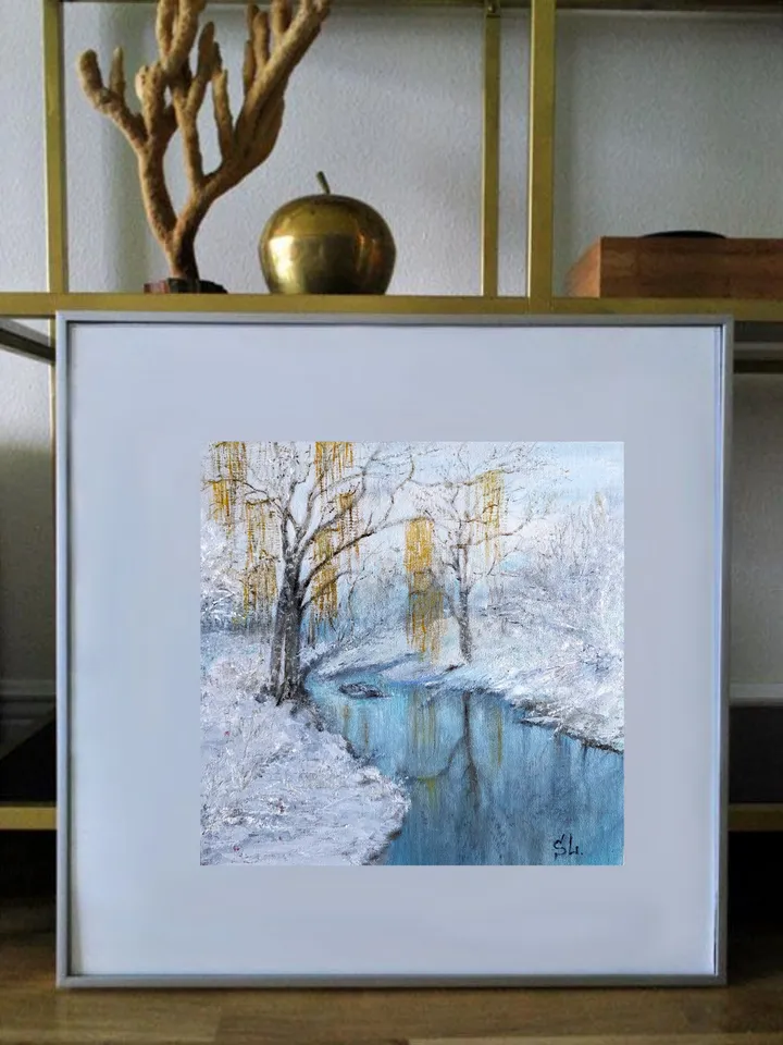 Painting Winter landscape with birches, Dawn River Reflection
canvas on cardboard 10x10 inches, oil paints