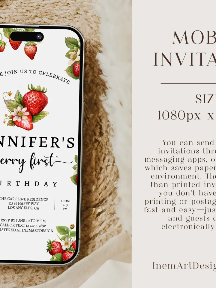 Editable Strawberry First Birthday Invitation Template Girl 1st Birthday Party Invite Berry First Birthday Cute Sweet Printable BF001