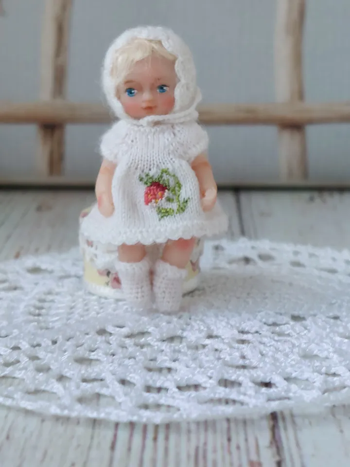 Handmade 2 inch miniature doll with two sets of clothes. Micro doll for dollhouse.