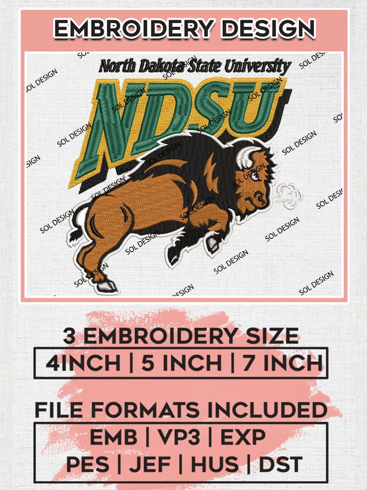 NDSU Bison Football Team Logo Embroidery Design Files, NCAA North Dakota State Bison Machine Embroidery, NCAA Teams, Game Day, 3 sizes, NCAA Machine embroidery designs, Digital Download