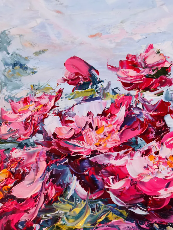 Oil Painting Peony Flowers Bushes Landscape Impasto Original Artist Svinar Oksana