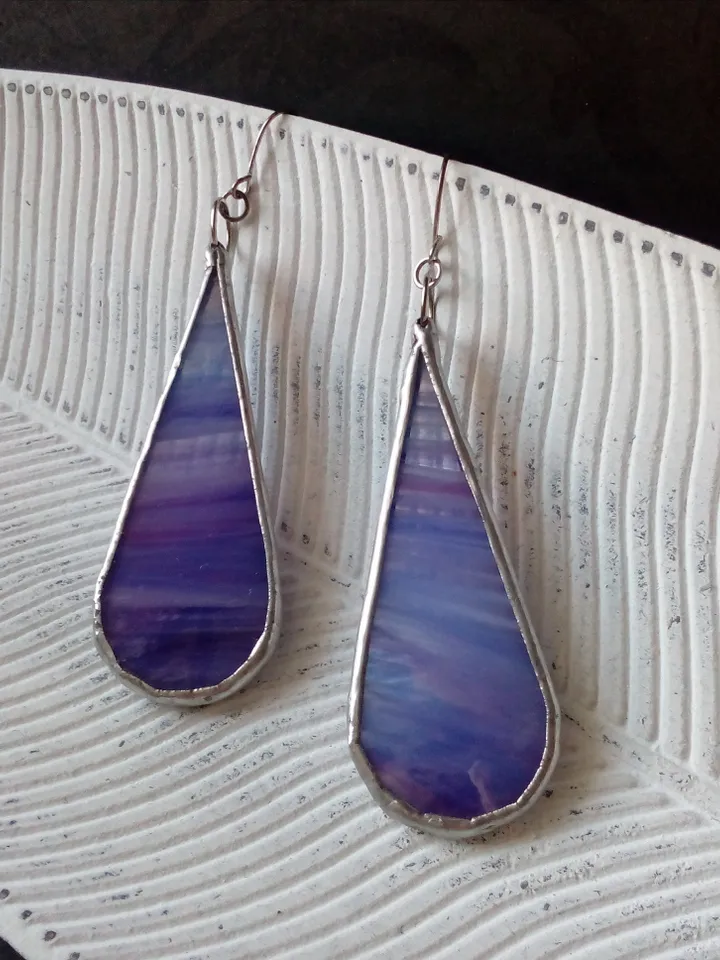 Multicolor drop earrings, Dangle  stained glass earrings, pink long earrings, simple stained glass
