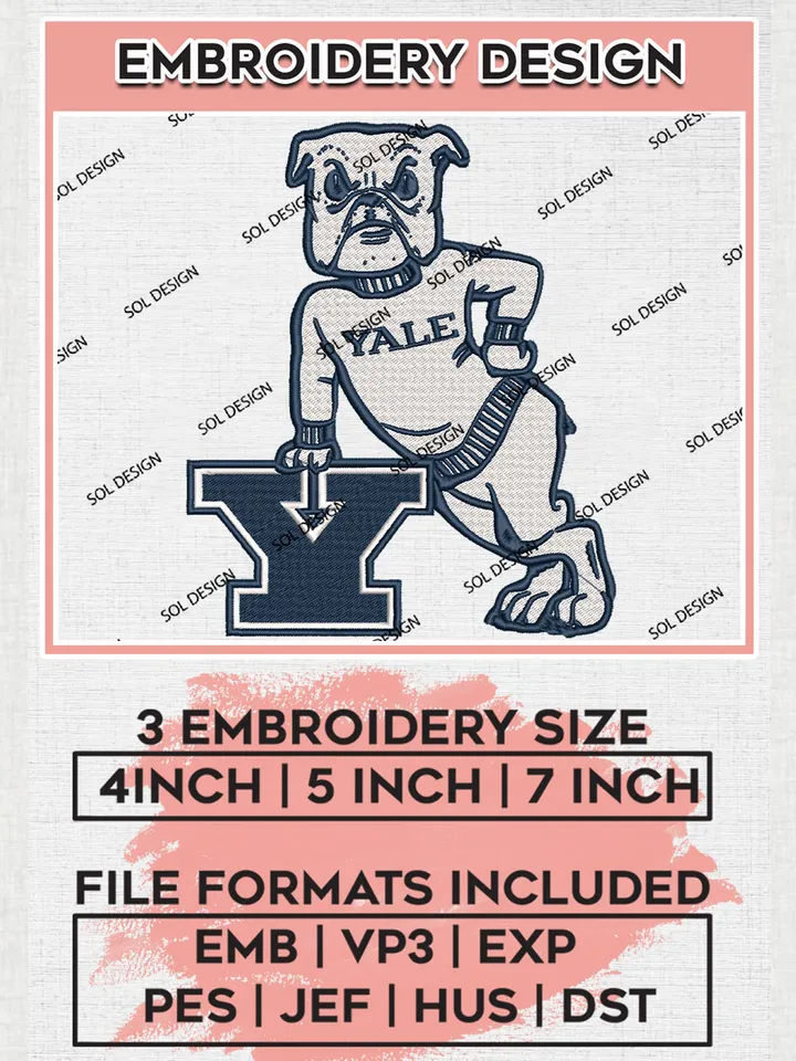 NCAA Yale Bulldogs College Team Mascot Logo Embroidery Design Files, NCAA Yale Bulldogs Machine Embroidery, NCAA Teams, Game Day, 3 sizes, NCAA Machine embroidery designs, Digital Download