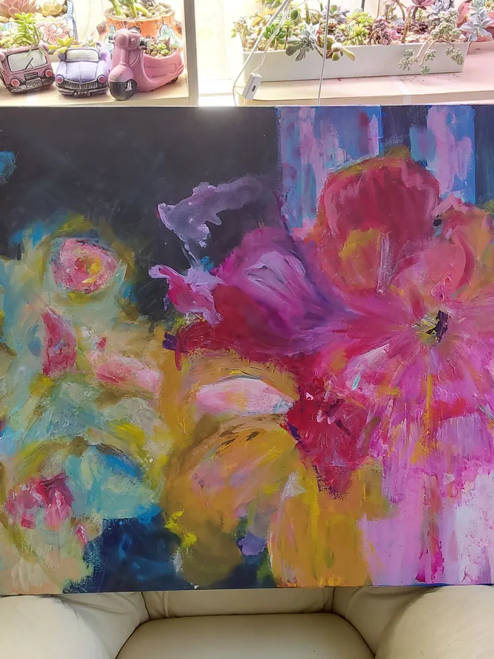 "Flowers Impress" still life acrylic, oil, canvas on stretcher 100x75cm (40x30inch)