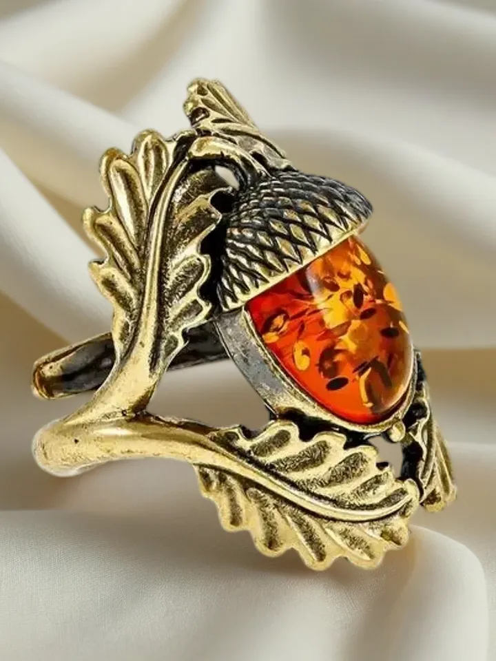 Amber Acorn Ring Autumn Jewelry Red Orange Gold Brass Ring Nature Leaf oak fall Jewelry Baltic Amber Women Ring boho