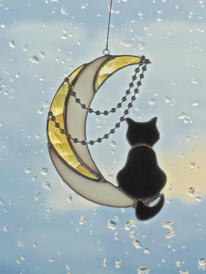Black Cat On Moon with Chains . Art stained glass hanging Suncatcher . Gift for animal lover , pet loss memorial . White , yellow , black