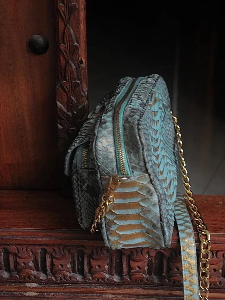 Genuine python skin crossbody blue sport bag with pocket | designer women leather handbag | snakeprint bag | crossbody purse | gift for her