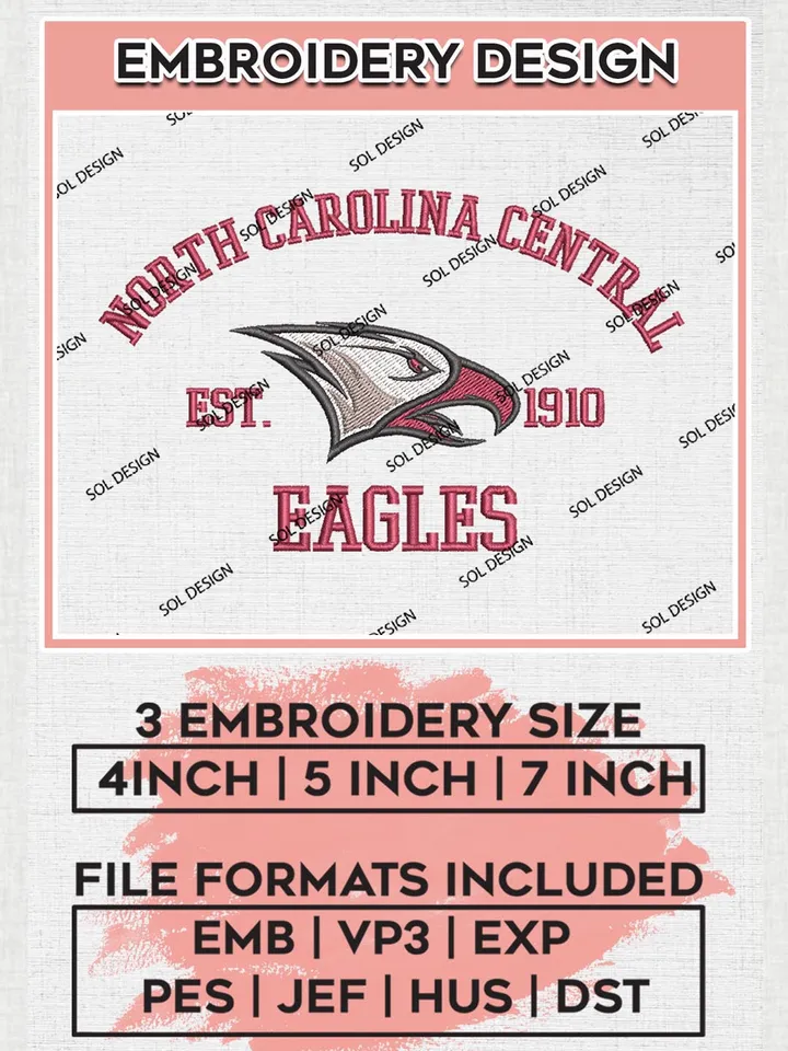 North Carolina Central Eagles Est 1910 Logo Embroidery Designs, NCAA North Carolina Central Eagles Team Embroidery, NCAA Team Logo, 3 sizes, Machine embroidery Files, Digital Download