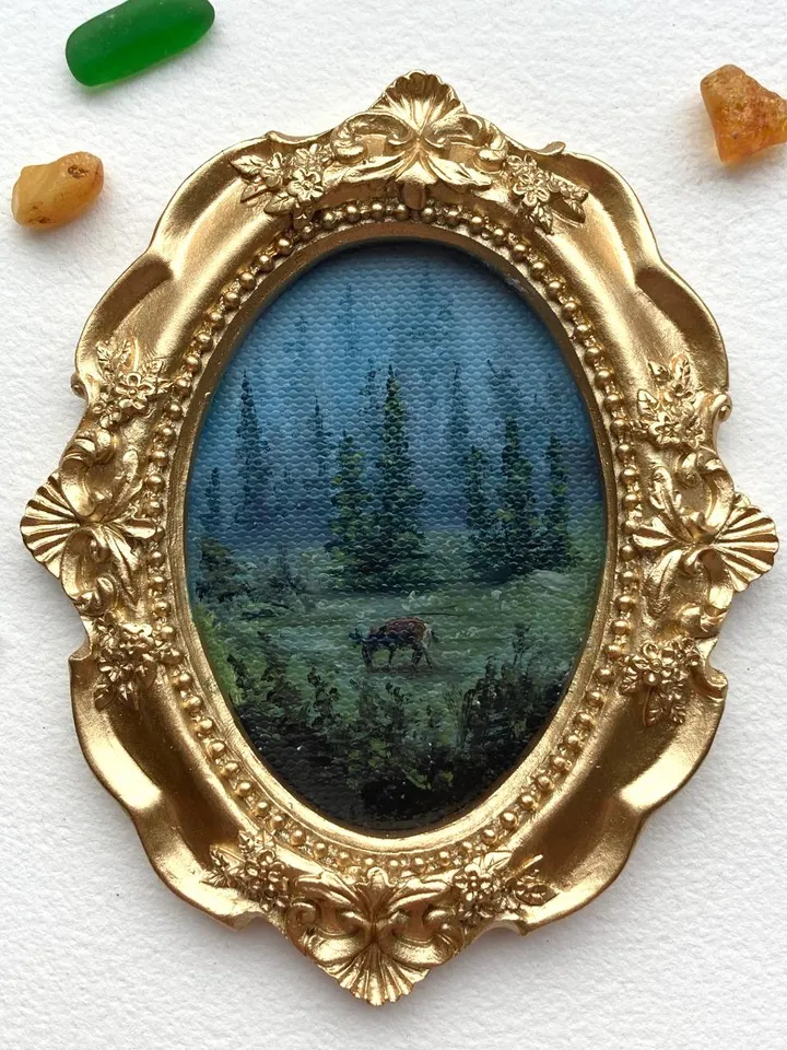 Forest Landscape Oil Painting Original In Vintage Style Frame Small Framed Oval Painting Art