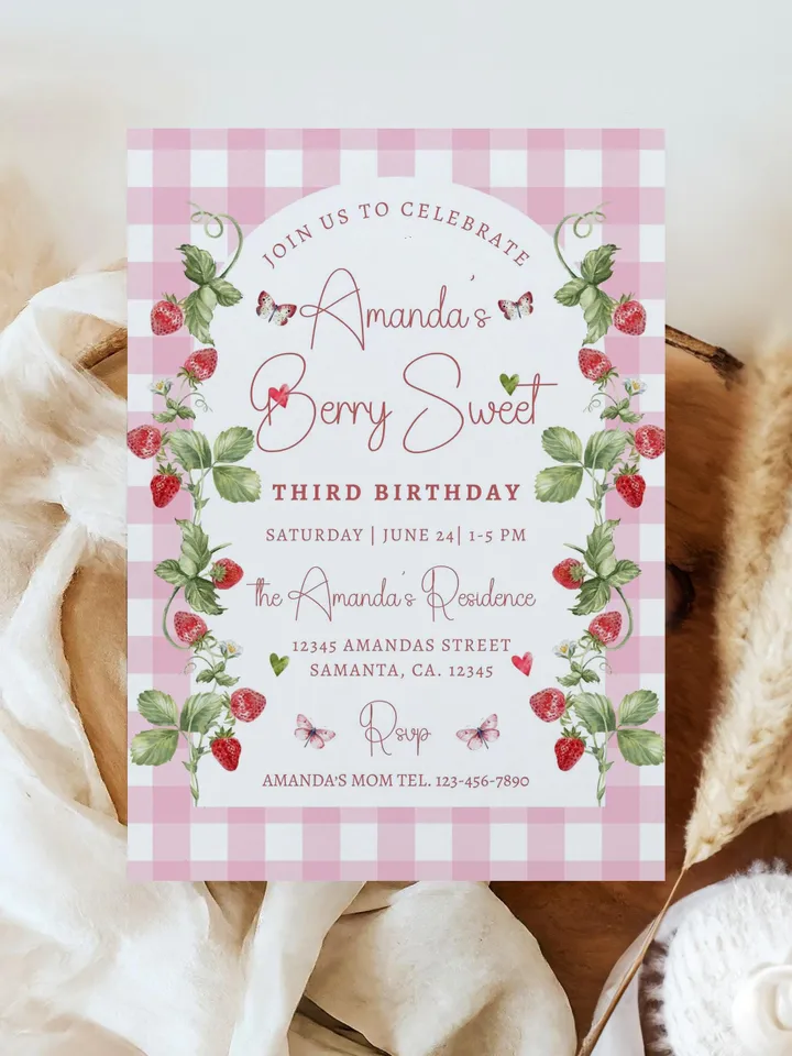 Editable Strawberry 3rd Birthday Invitation Berry Sweet Strawberry Picking 4th Birthday Invite Invites Canva Instant Download i115