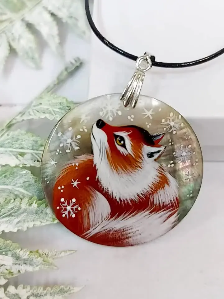 Pearl pendant necklace: Cute Fox in snowflakes on handmade jewelry, Fox necklace made from hand painted shell, gift for animal lovers