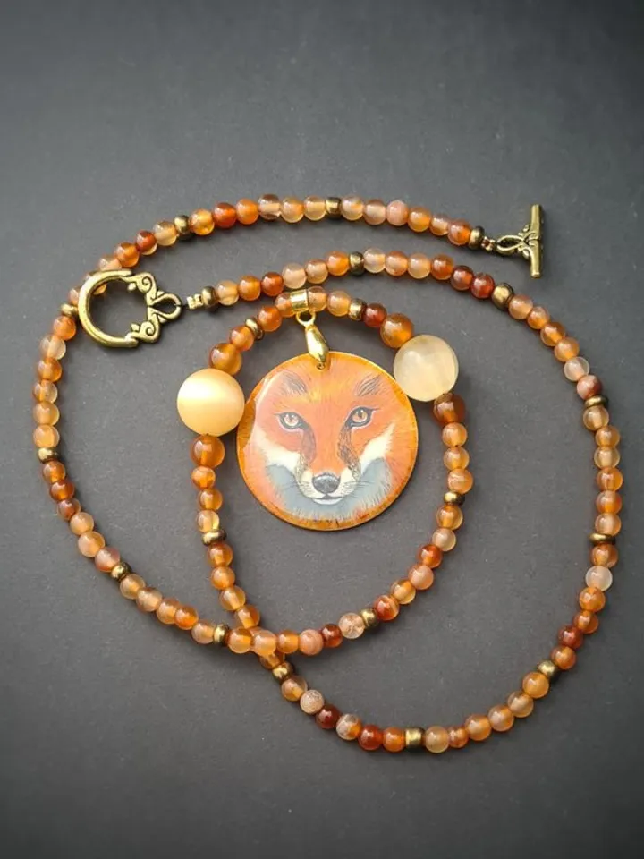 Fox necklace Miniature painting. Mother pearl pendant. Christmas Gift wrapping