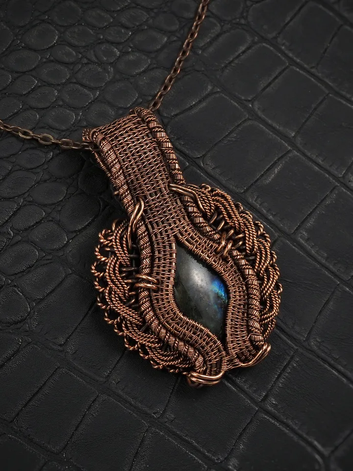 Labradorite pendant for women Wire wrap copper necklace Handmade artisan jewelry