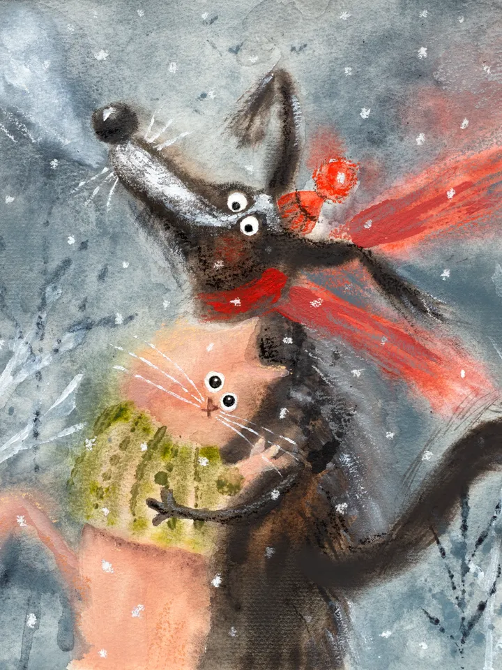 27×27cm Artwork by Julia Schigal "Winter Love" - watercolor, gouache, pastel