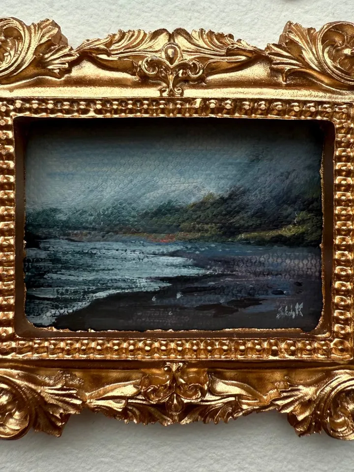Small Landscape Painting Framed Original Dark Coast Ocean Art Antique Frame Tiny Paintings 3 x 4 Art Victorian artwork