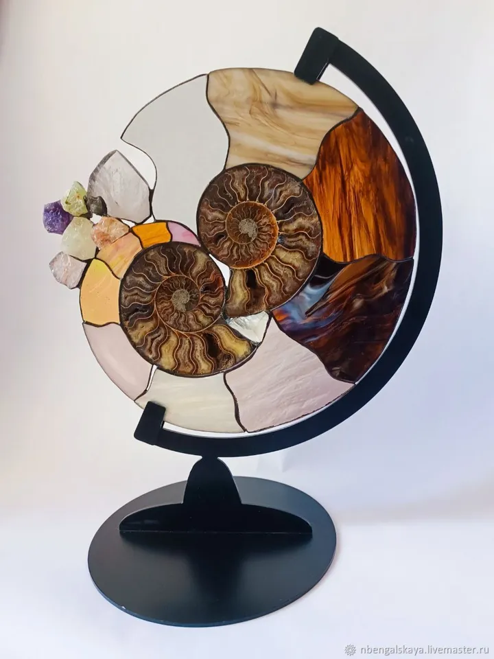 Paired Ammonites on a Stand, Paired Stained Glass Ammonites on Stand, Paired Ammonites, Ammonite Duo on Stand, Twin Fossil Ammonites, Ammonite Sculpture with Gemstones, Stained Glass and Ammonite Art, , Twin Ammonites with Stained Glass Accents