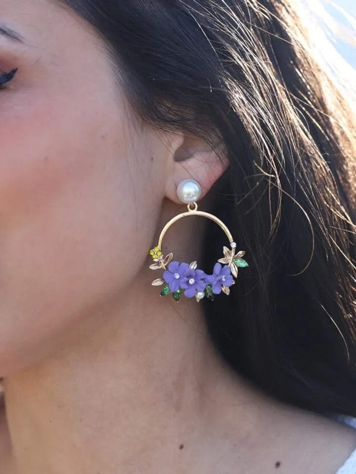 Purple Boho Wedding Earrings | Porcelain Flowers Hoop Bridal Earrings | Gold Boho Wedding Jewelry | Floral Bridal Earrings | Accessories
