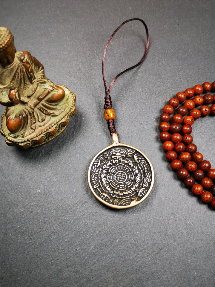 Gandhanra Antique SIPAHO(srid pa ho) Amulet, Tibetan Buddhist Astrology Calendar Badge,12 zodiac Melong Mirror, Jiugong Bagua,30 Years Old