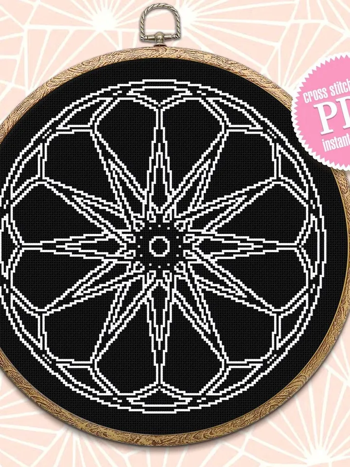 Wheel of fortune mandala cross stitch pattern download PDF Monochrome geometric ornament pattern digital PDF Quick cross stitch sampler #M30