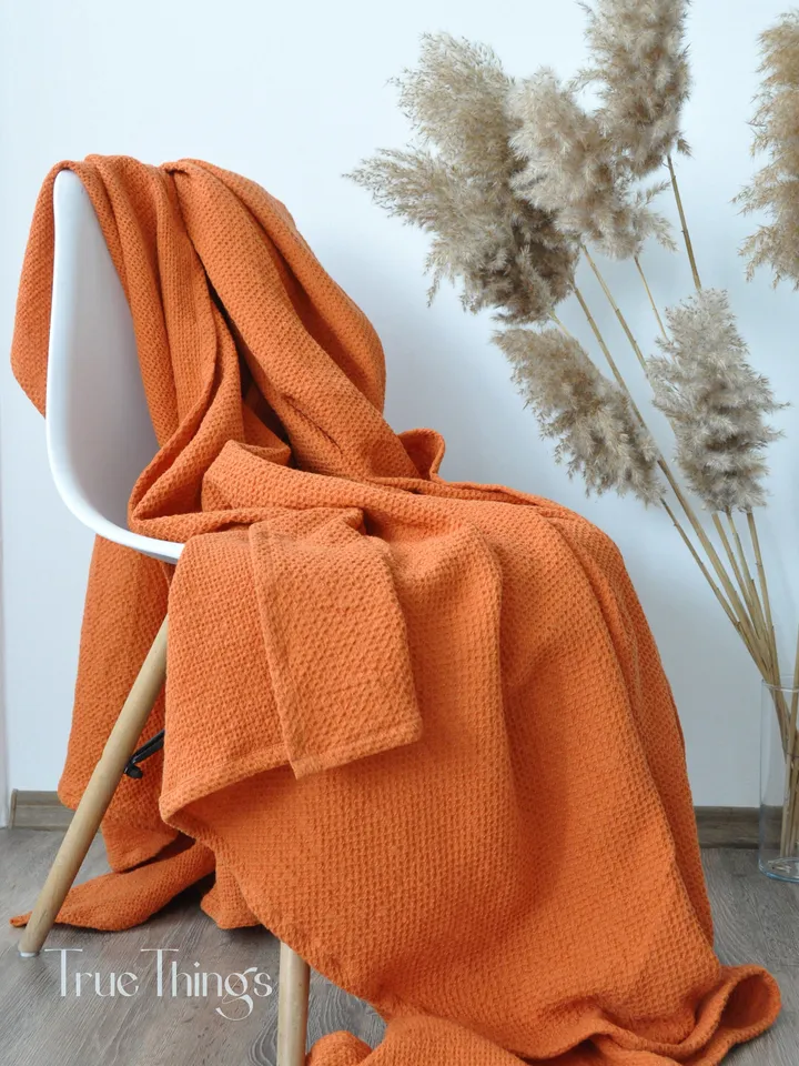 READY TO SHIP / Rust waffle linen coverlet / Softened linen / Heavy weight / TwinXL, Queen size orange bed cover