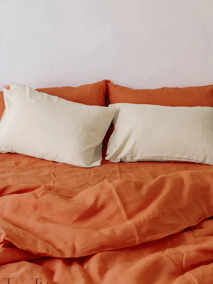 Burnt orange linen bedding set / 1 Duvet cover + 2 Pillowcases in burnt orange color / Comforter cover set / Softened linen bedding