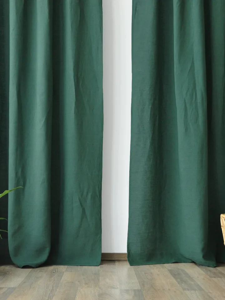 Forest green regular and blackout linen curtains / 2 Emerald green panels / Unlined, Cotton, Blackout lining / Medium weight / Custom size