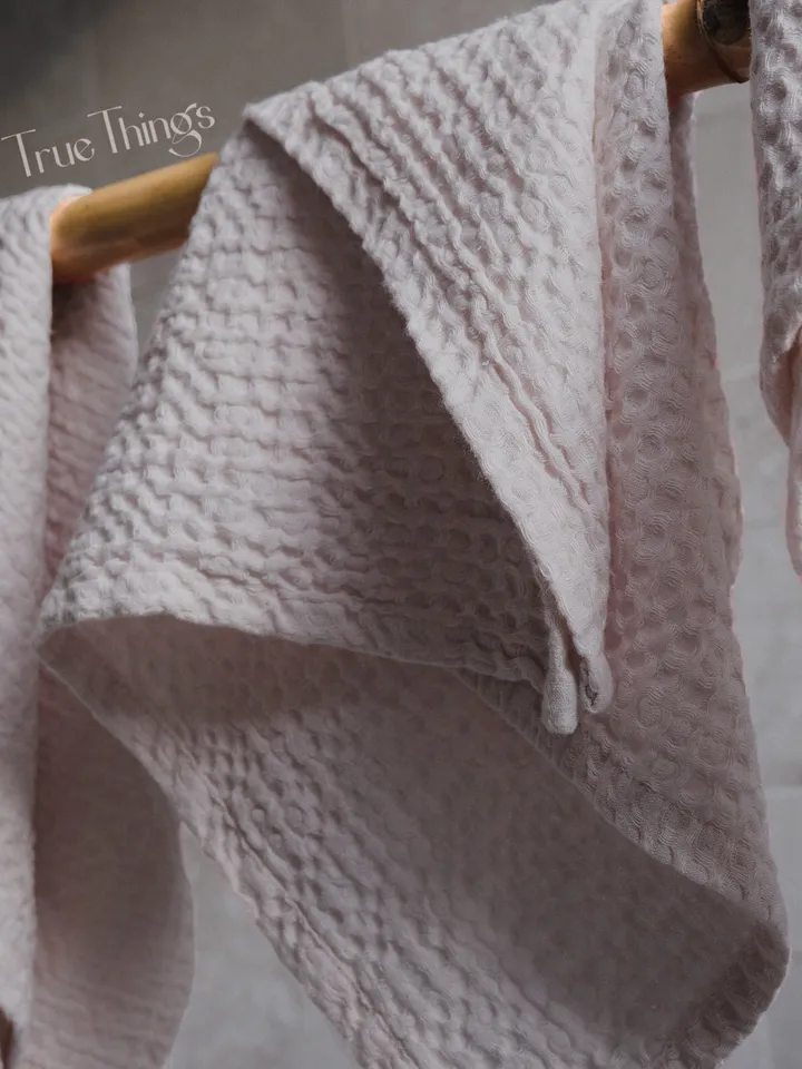 Dusty pink waffle linen bath towels / Pink linen bath towel set / Hand, face, body towel / Natural softened stonewashed linen / Organic flax