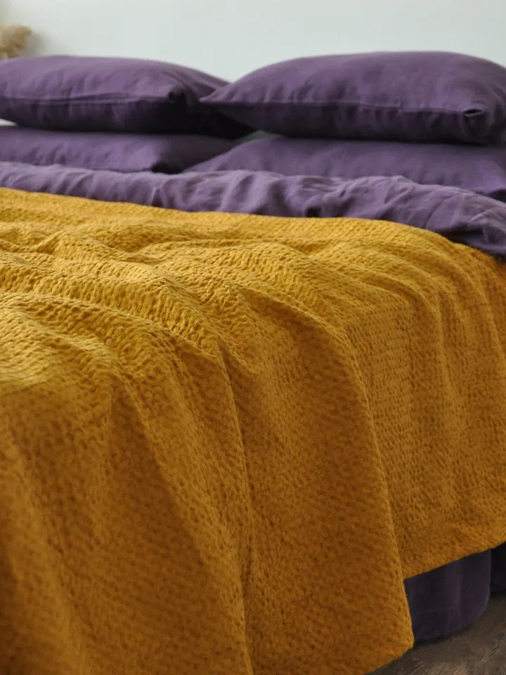 Ochre waffle linen coverlet / Softened linen / Heavy weight / Twin, Full, Double, Queen, King, California King, Custom size bed cover