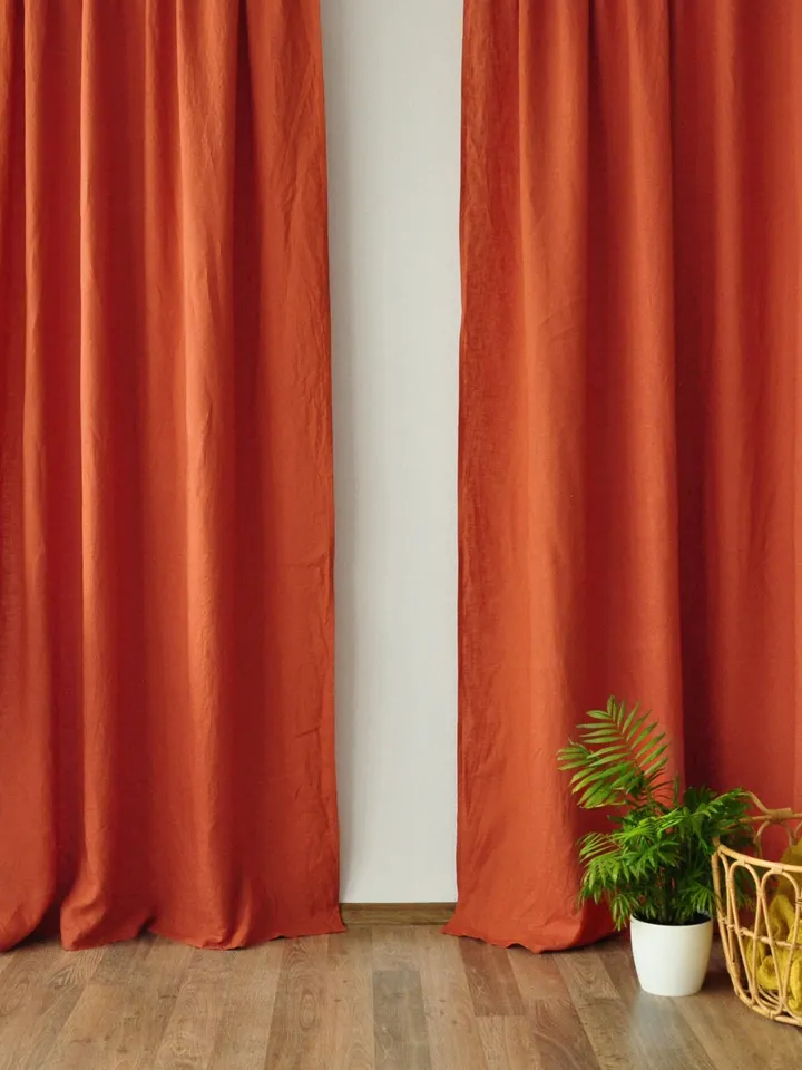 Terracotta regular and blackout linen curtains / 2 panels / Unlined, Cotton, Blackout lining / Medium weight linen / Custom size
