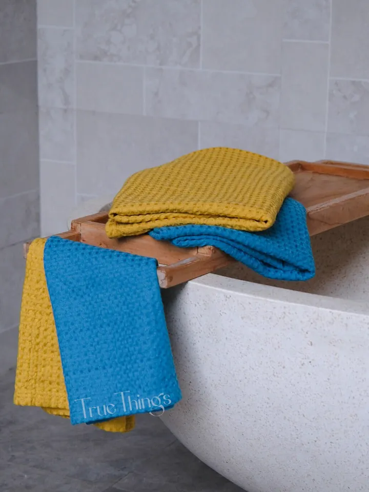 Yellow mustard waffle linen bath towels / Linen bath towel set / Hand, face, body towel / Natural softened stonewashed linen / Organic flax